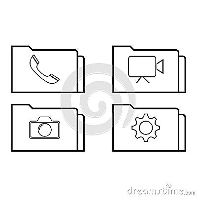 Four folders sign. Folder with a handset, a camera illustration Vector Illustration