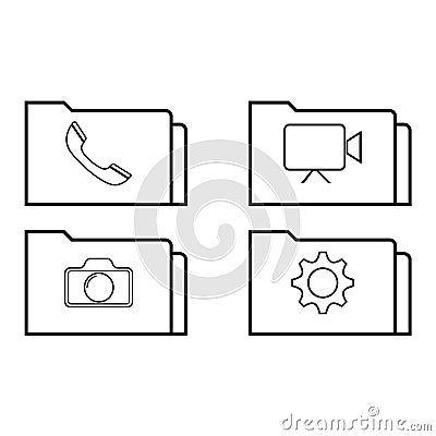 Four folders sign. Folder with a handset, a camera illustration Stock Photo