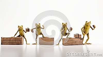 Four Frogs Carrying Wooden Box: Detailed Hard Surface Modeling Stock Photo