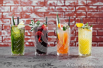 Four fruit cocktails on table. Stock Photo