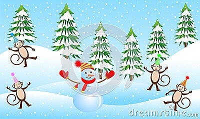 Four funny monkeys and snowman in a winter forest Vector Illustration