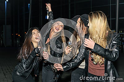 Four girls making party outdoor Stock Photo