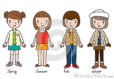 Four girls representing four seasons clothes cartoon Stock Photo