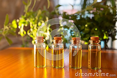 Four glass vials of Cannabidiol oil - hemp oil extrac Stock Photo