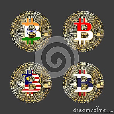 Four golden Bitcoin icons with flags of India, Indonesia, Malaysia and Thailand. Cryptocurrency technology symbol Vector Illustration