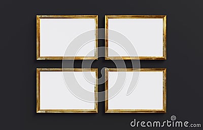 Four golden rectangle frames isolated on black background. 3D render. Cartoon Illustration