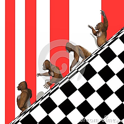 Four gorillas walking on a stairway Cartoon Illustration