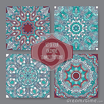 Four green and blue ethnic eastern style seamless patterns Vector Illustration