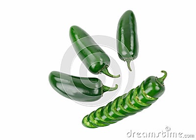 Four Green Jalapeno Peppers One pepper is sliced. Stock Photo