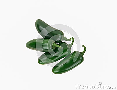 Four Green Spicy Jalapeno Peppers Isolated on White. Stock Photo