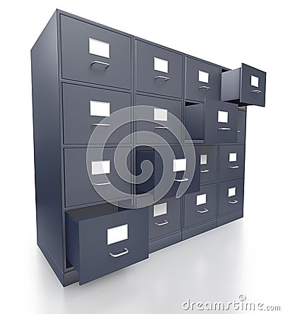 Four grey office filing cabinets with open drawers Stock Photo