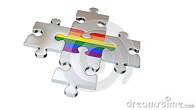 Four Grey Puzzle Pieces encircle One Rainbow Piece Stock Photo