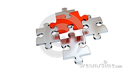 Four Grey Puzzle Pieces under One Red Piece Stock Photo