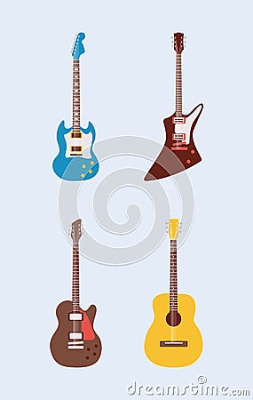 four guitars instruments musicals set icons Vector Illustration