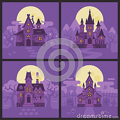 Four Halloween houses. Witch hut, Vampire castle, Haunted house and Graveyard chapel. Spooky Halloween backgrounds Vector Illustration