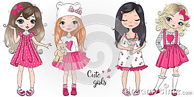 Hand drawn beautiful, cute, little Princess girl. Vector illustration. Vector Illustration