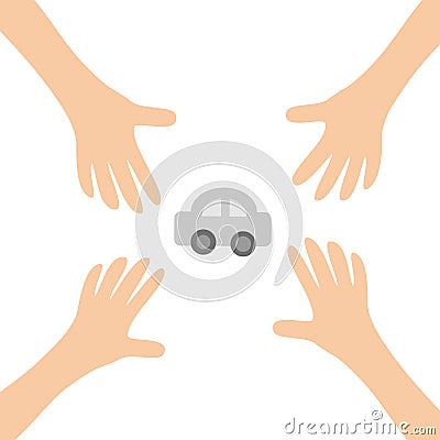 Four Hands arms reaching to cartoon auto car automobile sign symbol. Taking hand. Close up body part. Business card. Flat design. Vector Illustration