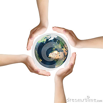 Four hands around Earth Stock Photo