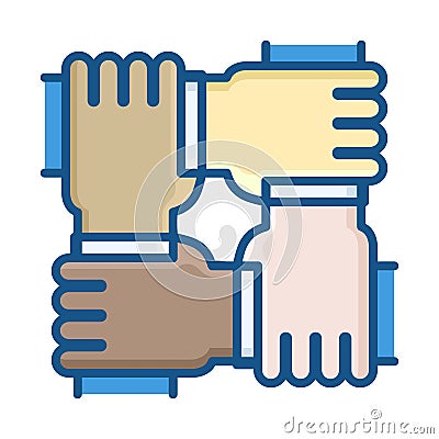 Four hands of different ethnic groups working together as a team Vector Illustration