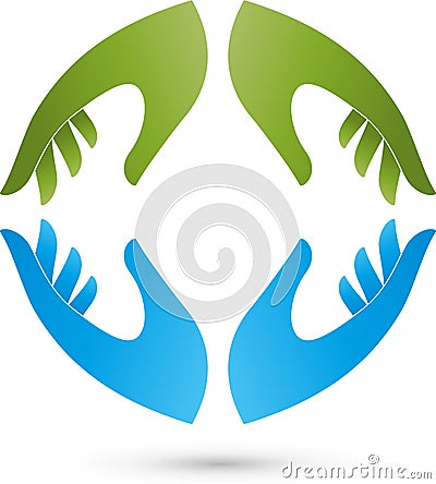 Four hands, helper and team logo Stock Photo