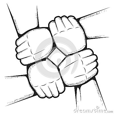 Four hands hold each other by wrist, join hands together, teamwork and friendship concept Vector Illustration