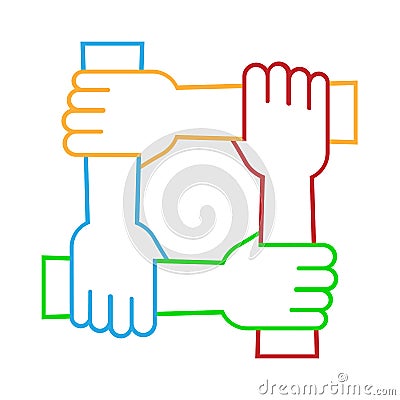 Four hands hold together for the wrist other. Four connected hands. Symbol for togetherness. isolated on white background. Vector Vector Illustration