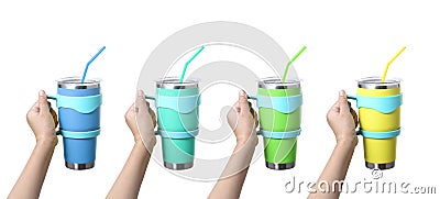 Hands holding colorful stainless steel thermos mugs with straws isolated on a white background Stock Photo