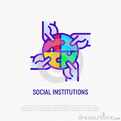 Four hands holding different pieces of puzzle. Symbol of social institutions, creative teamwork, connection and support. Thin line Vector Illustration