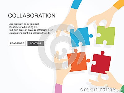 Four hands holding puzzle together. Teamwork, partnership, business, cooperation concept Stock Photo