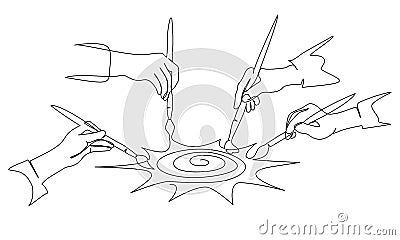 Four hands of people painting sun with paintbrush Vector Illustration