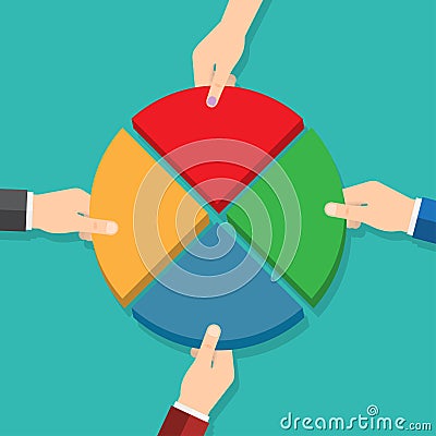 Four hands picking pie chart parts Vector Illustration