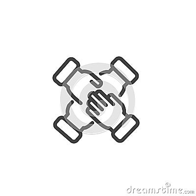 Four hands support each other, people putting their hands together icon isolated Vector Illustration