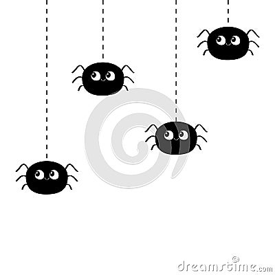 Four hanging black spiders on dash line web. Happy Halloween. Spider set. Cute cartoon baby character set. Flat material design. W Vector Illustration