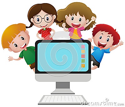 Four happy children behind computer screen Vector Illustration