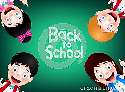 Four Happy and Cute Student Characters Wearing School Bag Vector Illustration