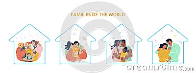 Four happy families hugging. Latin american, african american, european, caucasian, asian. Parenthood, pregnancy, couples, elderly Vector Illustration