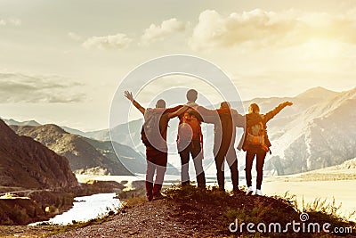 Happy friends travel expedition concept Stock Photo