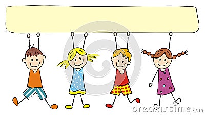 Four happy kids and banner, funny vector conceptual illustration Vector Illustration