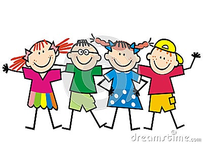 Four happy kids, girls and boys, eps. Vector Illustration