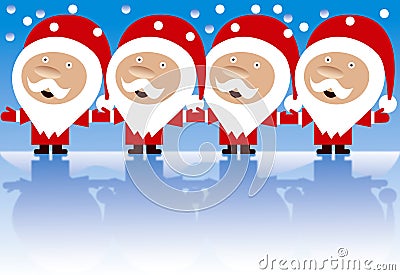 Four happy Santas holding hands isolated Stock Photo