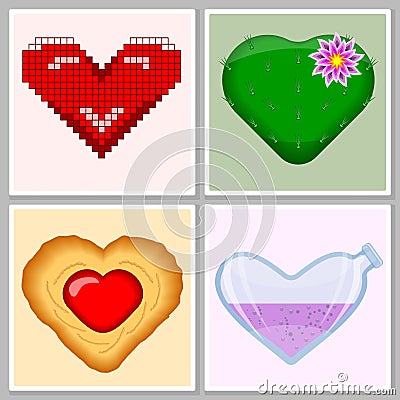 Four hearts - pixel, cactus, cookie and flask, - wall art vector set Vector Illustration