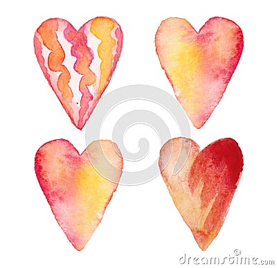 Four hearts. Watercolour pink, red, yellow colours. Wedding, birthday, Valentines Day Icon, clipart Stock Photo