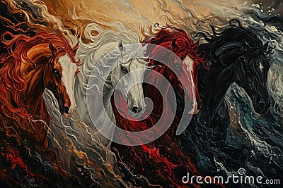 Four horses of the apocalypse - white, red, black and pale. Bible revelation. Generative AI Stock Photo