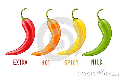 Four hot chili peppers. Spiciness level, mild; spicy, hot, extra. Vector Illustration