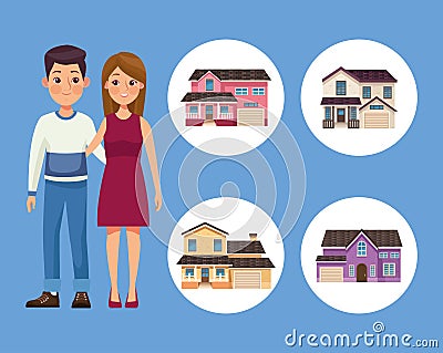 four houses and couple Vector Illustration