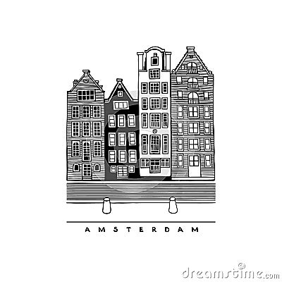 Four houses of Damrak Avenue, Amsterdam, Netherlands. Central streets, houses, and canals of European city. Vector illustration Vector Illustration