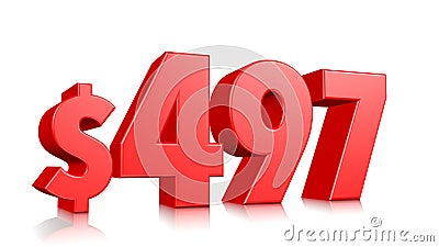 497$ Four hundred ninety seven price symbol. red text number 3d render with dollar sign on white background Stock Photo
