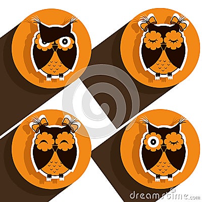 Four icons with brown owls Vector Illustration