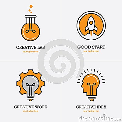 Four icons with human head, rocket and light bulb Vector Illustration