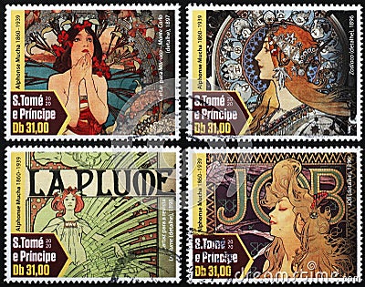 Four illustrations by Alphonse Mucha on stamps Cartoon Illustration